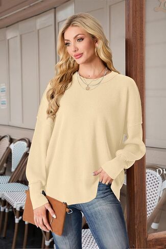 Womens Crewneck Batwing Long Sleeve Sweaters Fall 2024 Oversized Side Slit Ribbed Knit Sweaters Pullover Tops in Kuwait