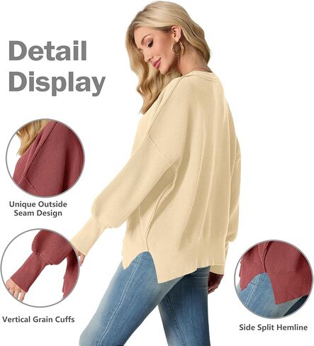 Womens Crewneck Batwing Long Sleeve Sweaters Fall 2024 Oversized Side Slit Ribbed Knit Sweaters Pullover Tops in Kuwait