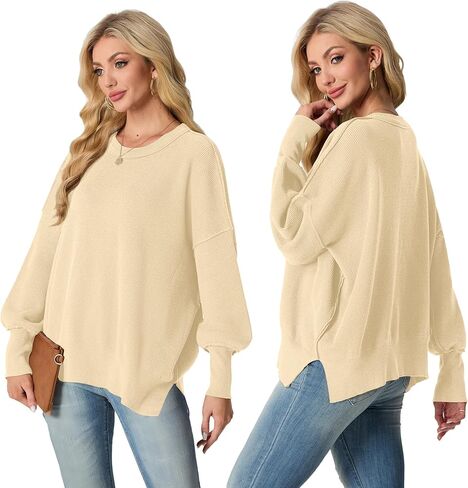 Womens Crewneck Batwing Long Sleeve Sweaters Fall 2024 Oversized Side Slit Ribbed Knit Sweaters Pullover Tops in Kuwait