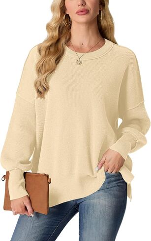Womens Crewneck Batwing Long Sleeve Sweaters Fall 2024 Oversized Side Slit Ribbed Knit Sweaters Pullover Tops in Kuwait