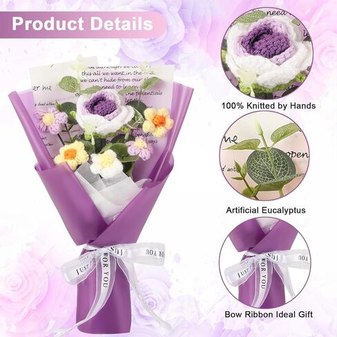 BmBpWOW Completed Crochet Flowers Bouquet,Knitted Flowers Rose Daisy Sunflowers Artificial Mix Handmade Bouquet for Valentines Day Mother's Day Birthday Wedding Teacher’Day Home Decor in Saudi Arabia