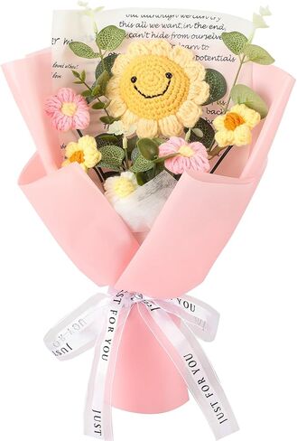 BmBpWOW Completed Crochet Flowers Bouquet,Knitted Flowers Rose Daisy Sunflowers Artificial Mix Handmade Bouquet for Valentines Day Mother's Day Birthday Wedding Teacher’Day Home Decor in Saudi Arabia