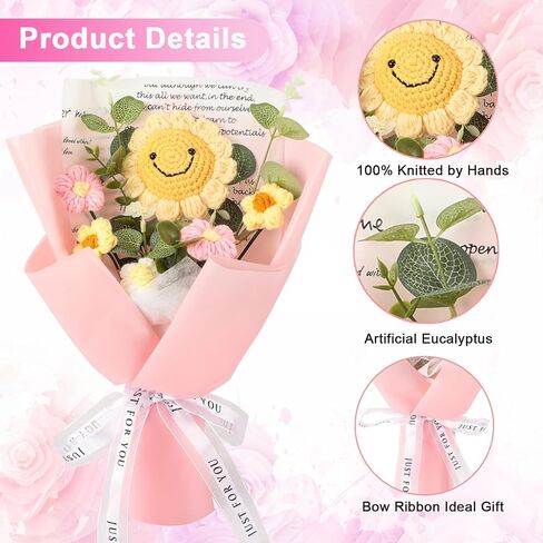 BmBpWOW Completed Crochet Flowers Bouquet,Knitted Flowers Rose Daisy Sunflowers Artificial Mix Handmade Bouquet for Valentines Day Mother's Day Birthday Wedding Teacher’Day Home Decor in Saudi Arabia