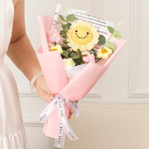 BmBpWOW Completed Crochet Flowers Bouquet,Knitted Flowers Rose Daisy Sunflowers Artificial Mix Handmade Bouquet for Valentines Day Mother's Day Birthday Wedding Teacher’Day Home Decor in Saudi Arabia