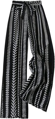 SHENHE Women's Striped Wide Leg Geo Print Boho Pants Belted Loose Flowy Palazzo Pants in Saudi Arabia