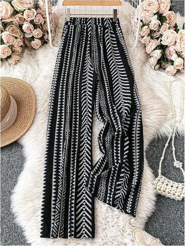 SHENHE Women's Striped Wide Leg Geo Print Boho Pants Belted Loose Flowy Palazzo Pants in Saudi Arabia