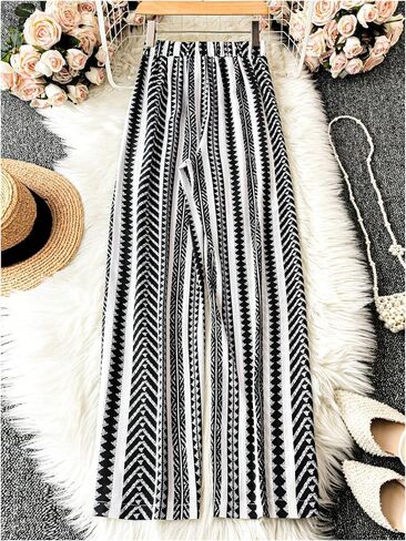 SHENHE Women's Striped Wide Leg Geo Print Boho Pants Belted Loose Flowy Palazzo Pants in Saudi Arabia