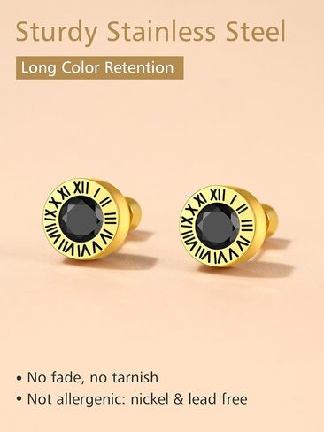 Findchic Stainless Steel Roman Numerals Round Studs Earrings for Men Women with 12 Birthstone Gold/Silver Color Chunky Round Screw Back Finding, with Gift Box in Saudi Arabia