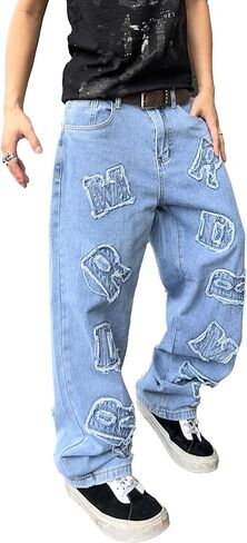 Mens Baggy Jeans Patched Letter Badge Wide Leg Denim Pants Y2k Hip Hop Casual Loose Trousers in Saudi Arabia