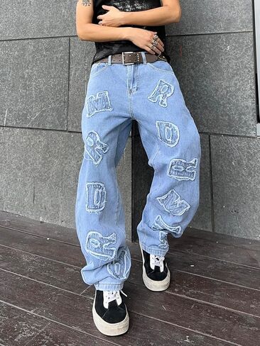 Mens Baggy Jeans Patched Letter Badge Wide Leg Denim Pants Y2k Hip Hop Casual Loose Trousers in Saudi Arabia