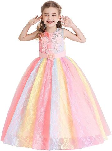 MYRISAM Little Big Girls Embroidery Lace Princess Pageant Dresses Bridesmaid Wedding Party Pageant Birthday Long Gown in Kuwait