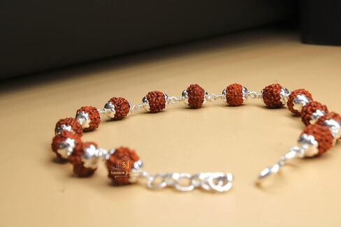 925 Sterling Handmade Dual Silver Wire Stylish Rudraksha Bracelet Silver Rakhi For Men (Brown, 6 Mm Natural Beads Om Silver Para) (Plain Rudrakasha) in Saudi Arabia