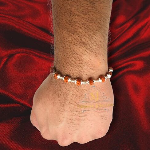 925 Sterling Handmade Dual Silver Wire Stylish Rudraksha Bracelet Silver Rakhi For Men (Brown, 6 Mm Natural Beads Om Silver Para) (Plain Rudrakasha) in Saudi Arabia