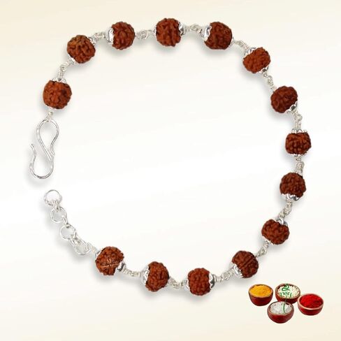 925 Sterling Handmade Dual Silver Wire Stylish Rudraksha Bracelet Silver Rakhi For Men (Brown, 6 Mm Natural Beads Om Silver Para) (Plain Rudrakasha) in Saudi Arabia