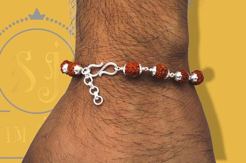 925 Sterling Handmade Dual Silver Wire Stylish Rudraksha Bracelet Silver Rakhi For Men (Brown, 6 Mm Natural Beads Om Silver Para) (Plain Rudrakasha) in Saudi Arabia