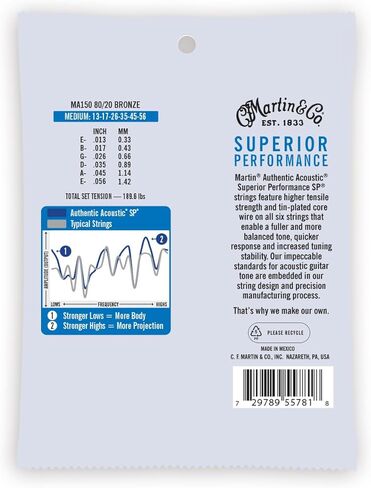 Martin Authentic Acoustic Guitar Strings, Superior Performance Extra Custom Light in Kuwait