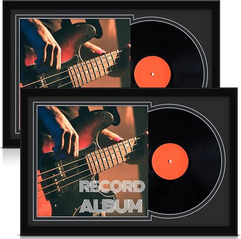 Colingmill 2 Pcs Vinyl Record Frame, Wall Mounting Double Groove Record Album Frame for 12 x 12 Inch LP Cover Black Vinyl Record Display Frame for Home Office, 16 x 24 in (Black Matting) in Kuwait