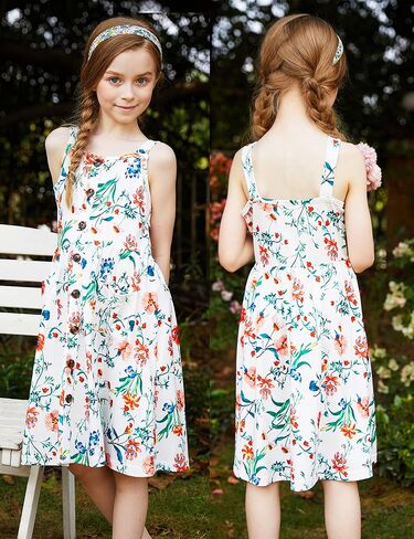 Arshiner Girl's Spaghetti Strap Button Down Midi Sleeveless Summer Casual Sundress A-line Dress with Pockets in Saudi Arabia