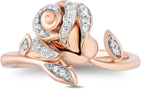 Jewelili Enchanted Disney Fine Jewelry 14K Rose Gold over Sterling Silver with 1/10 CTTW Diamond Belle Ring in Saudi Arabia