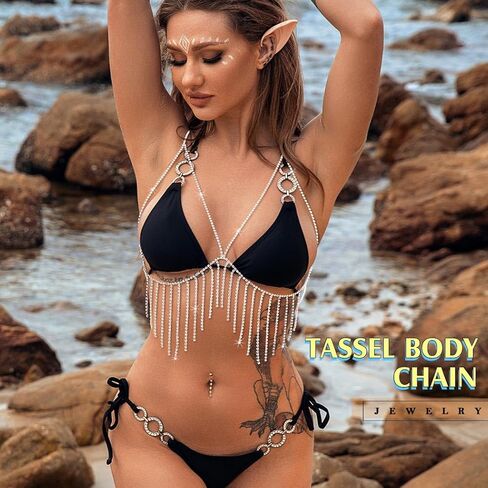 Cosydays الفضة حجر الراين الجسم سلسلة بريق كريستال البرازيلي سلاسل الشاطئ الصدر سلاسل الأزياء مجوهرات الجسم للنساء in Kuwait
