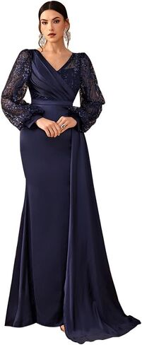 Women's Formal Long Sleeve V-Neck Evening Dress Floor Length Mother of The Bride Gowns in Saudi Arabia