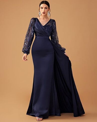 Women's Formal Long Sleeve V-Neck Evening Dress Floor Length Mother of The Bride Gowns in Saudi Arabia