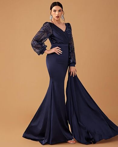 Women's Formal Long Sleeve V-Neck Evening Dress Floor Length Mother of The Bride Gowns in Saudi Arabia