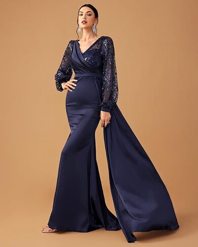 Women's Formal Long Sleeve V-Neck Evening Dress Floor Length Mother of The Bride Gowns in Saudi Arabia