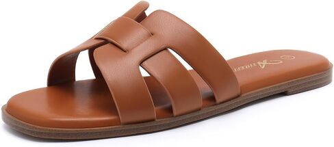 Athlefit Women's Flat Sandals Dressy Summer Square Open Toe Slip On Leather Slide Sandals in Kuwait