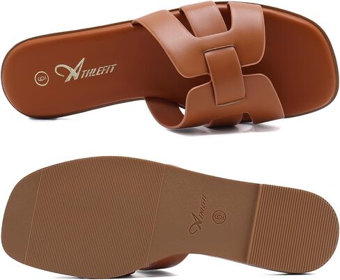 Athlefit Women's Flat Sandals Dressy Summer Square Open Toe Slip On Leather Slide Sandals in Kuwait