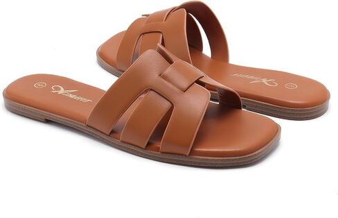 Athlefit Women's Flat Sandals Dressy Summer Square Open Toe Slip On Leather Slide Sandals in Kuwait
