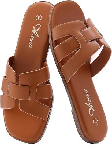 Athlefit Women's Flat Sandals Dressy Summer Square Open Toe Slip On Leather Slide Sandals in Kuwait