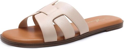Athlefit Women's Flat Sandals Dressy Summer Square Open Toe Slip On Leather Slide Sandals in Kuwait