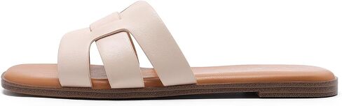 Athlefit Women's Flat Sandals Dressy Summer Square Open Toe Slip On Leather Slide Sandals in Kuwait