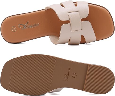 Athlefit Women's Flat Sandals Dressy Summer Square Open Toe Slip On Leather Slide Sandals in Kuwait