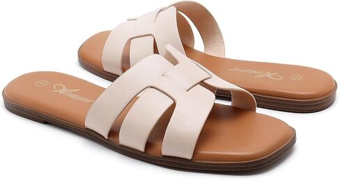 Athlefit Women's Flat Sandals Dressy Summer Square Open Toe Slip On Leather Slide Sandals in Kuwait
