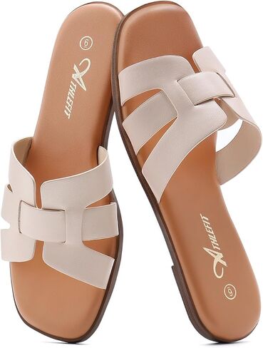 Athlefit Women's Flat Sandals Dressy Summer Square Open Toe Slip On Leather Slide Sandals in Kuwait