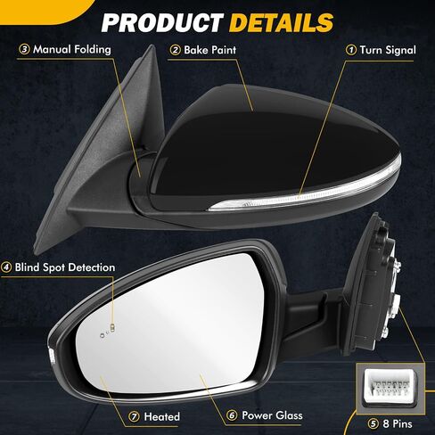 19-24 Left Driver Side Mirror Compatible with KIA Forte 2019 2020 2021 2022 2023 2024, W/Blind Spot Indicator/Heated/Manual Folding/Power Glass Door Mirror Replace 87610M7090 KI1320225 (8 pins) in Kuwait