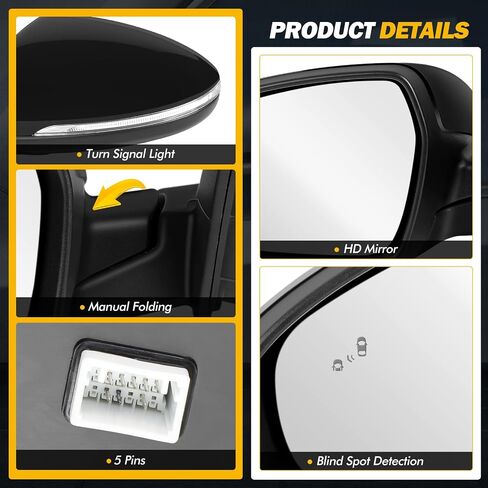 19-24 Left Driver Side Mirror Compatible with KIA Forte 2019 2020 2021 2022 2023 2024, W/Blind Spot Indicator/Heated/Manual Folding/Power Glass Door Mirror Replace 87610M7090 KI1320225 (8 pins) in Kuwait