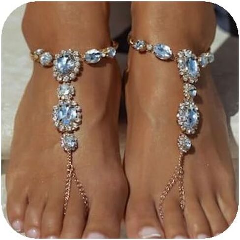 YERTTER قطعة واحدة من خلخال القدم الكريستالي الفضي للزفاف، سلسلة خلخال من حجر الراين، خلخال قابل للتعديل، صندل الشاطئ، خلخال كريستال، ملحقات سلسلة خلخال للنساء (فضي 6) in Kuwait