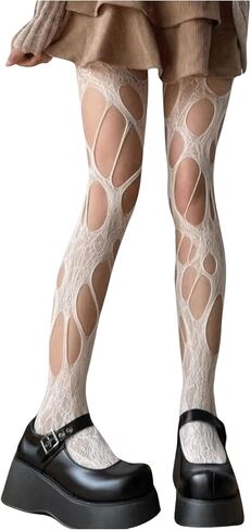 OYOANGLE Women's Gothic Ripped Fishnet Stockings Hollow Out Y2k Tights Pantyhose Partywear in Saudi Arabia