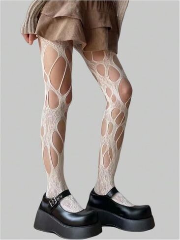 OYOANGLE Women's Gothic Ripped Fishnet Stockings Hollow Out Y2k Tights Pantyhose Partywear in Saudi Arabia
