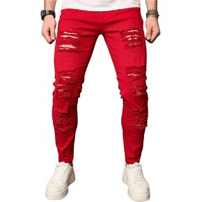 WDIRARA Men's Denim Splash Ink Print Ripped Raw Hem Distressed Skinny Jeans Pants with Pockets