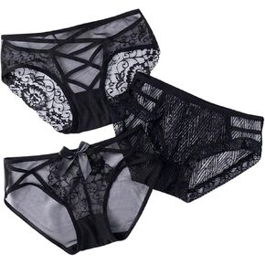 Women's 3 Pack Panties Floral Lace Mesh Sheer High Rise Sexy Briefs Underwear