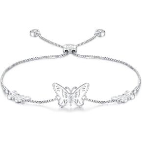 Silver Butterfly Charms Expandable Bolo Bracelet with Sparkling Cubic Zirconia Adjustable White Gold Plated Women Jewelry