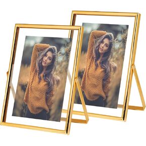 xinkerco 8X10 Gold Floating Picture Frame, Tabletop Metal Tempered Glass Picture Frames for Picture 7x9, 6x8, 5x7, Gift for Birthday, Festival, Wedding, Home or Office Decor (2 PACK)