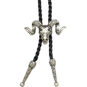 RechicGu Vintage Gold Western Big Horn Sheep RAM Goat Skull Leather Rodeo Bolo Bola Tie Necktie