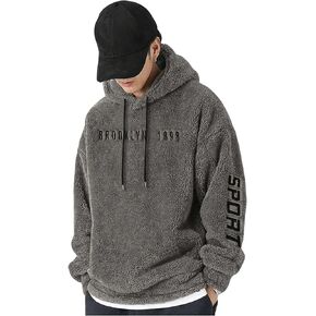 SOLY HUX Hoodies for Men Fuzzy Letter Embroidery Drawstring Long Sleeve Pullover Sweatshirt