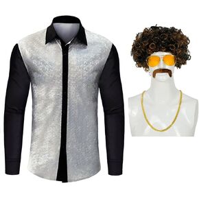 Taamlou Men's 70s Disco Shiny Shirts Sequins Long Sleeve Costume