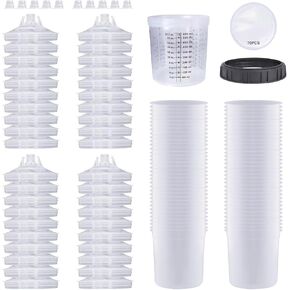 Disposable Paint Cups for Automotive Paint Guns, HVLP Paint Spray Gun 20 oz(600 ml) Kit with 70 Detachable Filters and Cup Liners, 40 Lids, 1 Hard Cup with Fixed Ring and 10 Plugs